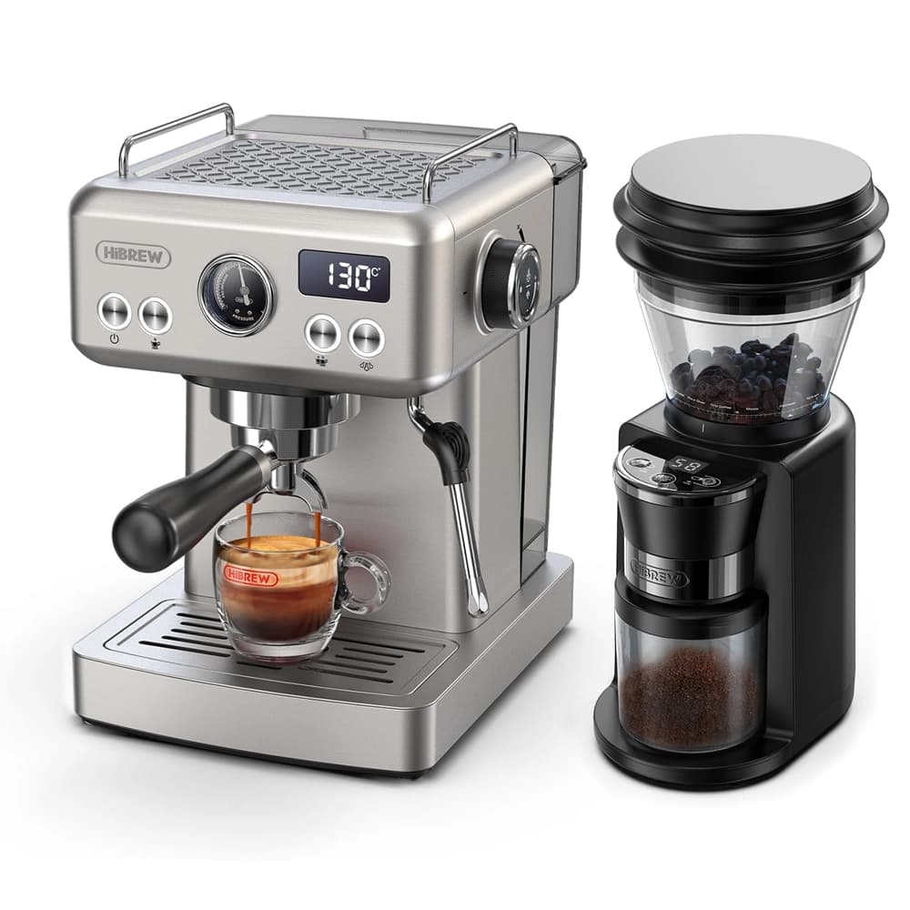 HiBREW ماكينة اسبريسو نصف أوتوماتيكية 19 بار + مطحنة كهربائية مخروطية G3 بـ 34 درجة طحن – ستانلس ستيل – H10A + G3