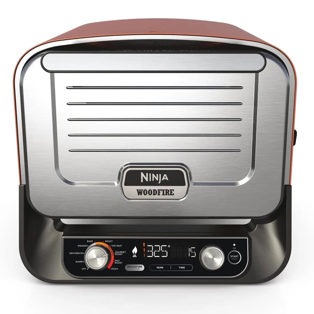 فرن كهربائي خارجي 8 في 1 من نينجا وود فاير، شواية دوارة ومدخنة مع شبكة، وطبق تسخين احترافي، وحجر بيتزا، وحبيبات خشب، ومجرفة، و6 إعدادات