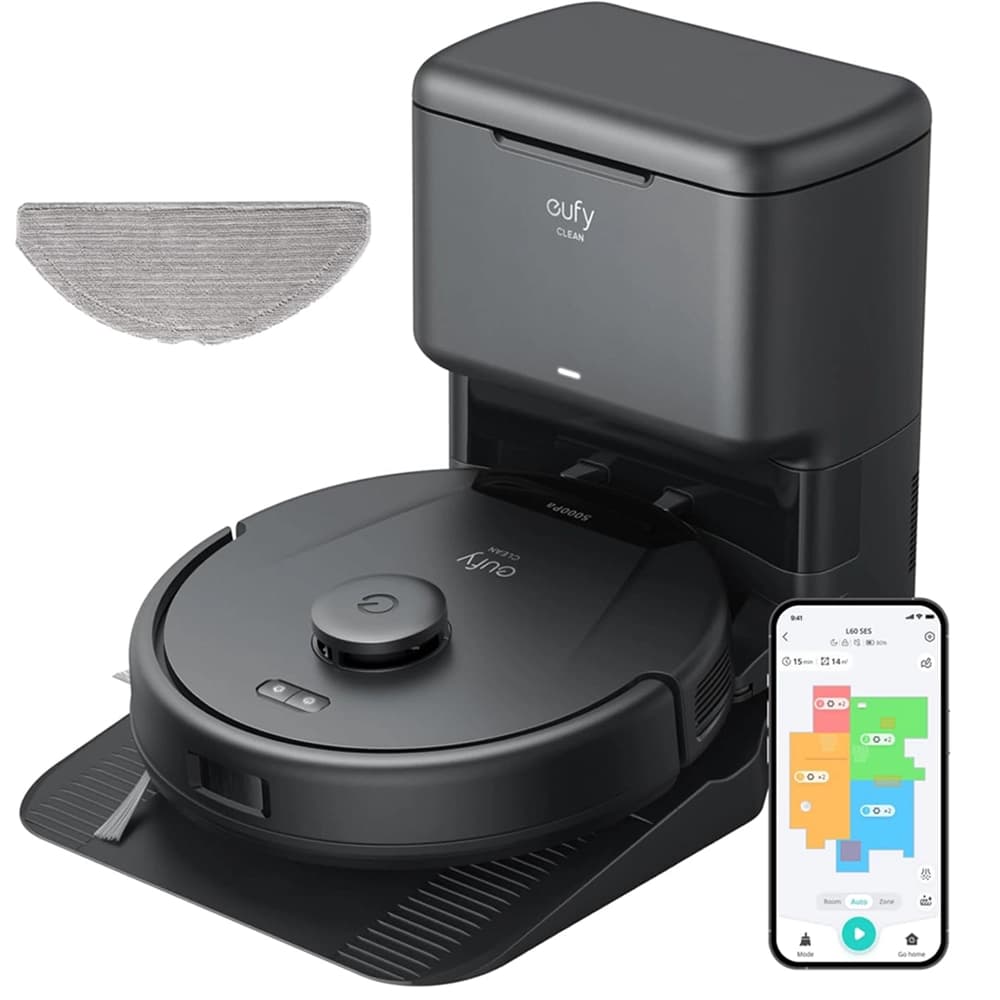 مكنسة روبوتية يوفي L60 هايبرد – وحدة تفريغ ذاتي – شفط 5000 باسكال – تنظيف حتى 60 يومًا – مع وسادة مساحة موب